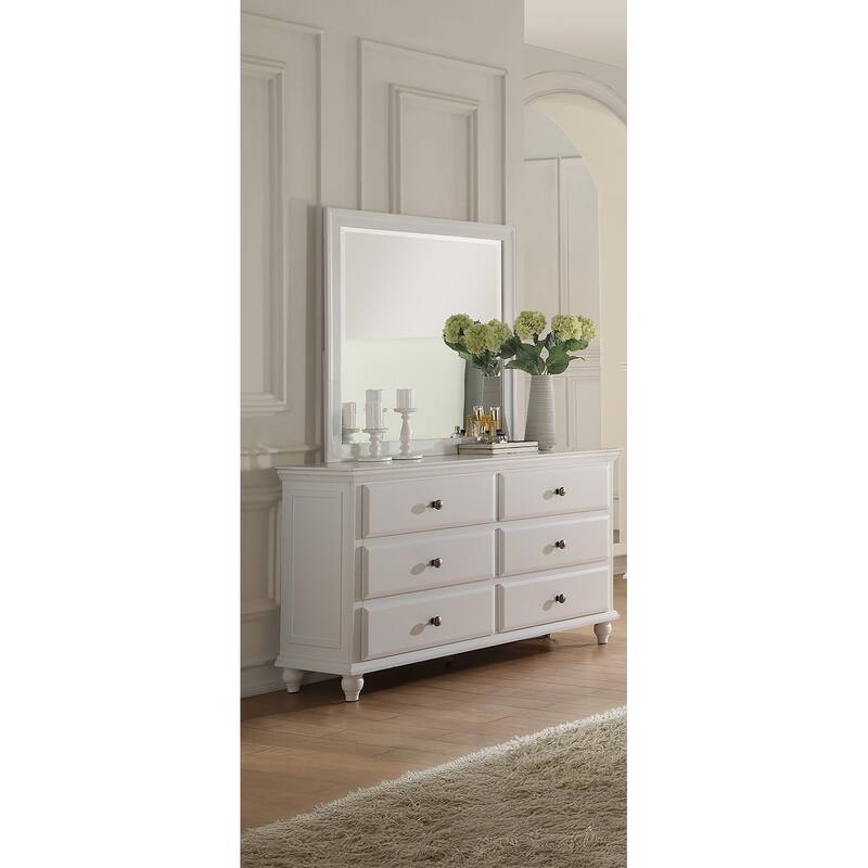 Traditional Style 4pc Bed Dresser Mirror Nightstand Set Bun Feet Button Tufted Headboard Off White Finish Bedroom Furniture