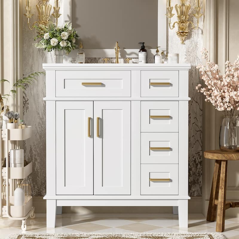 30" Bathroom Vanity with Ceramic Sink, Modern Storage Cabinet with Soft-Close Doors, Deep Drawer & Standard Drawe - White