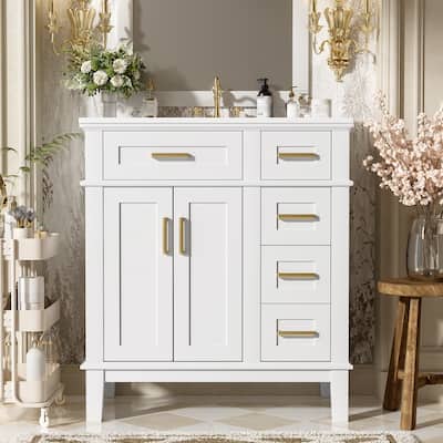 30" Bathroom Vanity with Ceramic Sink, Modern Storage Cabinet with Soft-Close Doors, Deep Drawer & Standard Drawe