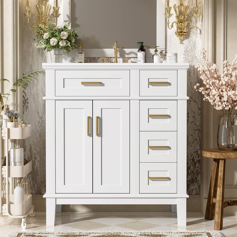30" Bathroom Vanity with Ceramic Sink - Modern Cabinet with Soft-Close Doors, Deep Drawer & Standard Drawer