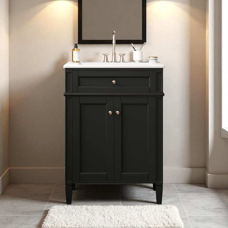 24'' Bathroom Vanity with Sink, Freestanding Storage Cabinet with 2 Doors, Tip-Out Drawer & Soft-Close Organizers - Black