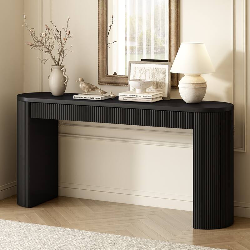 Modern Console Table with Vertical Striped Design - Black