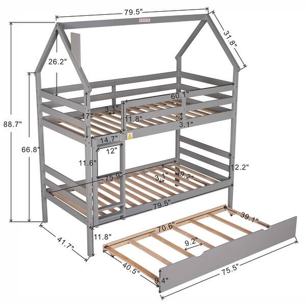 dimension image slide 1 of 2, House and Chimney Design Pine Wood and MDF Twin over Twin House Bunk Bed with Trundle and Chimney Design