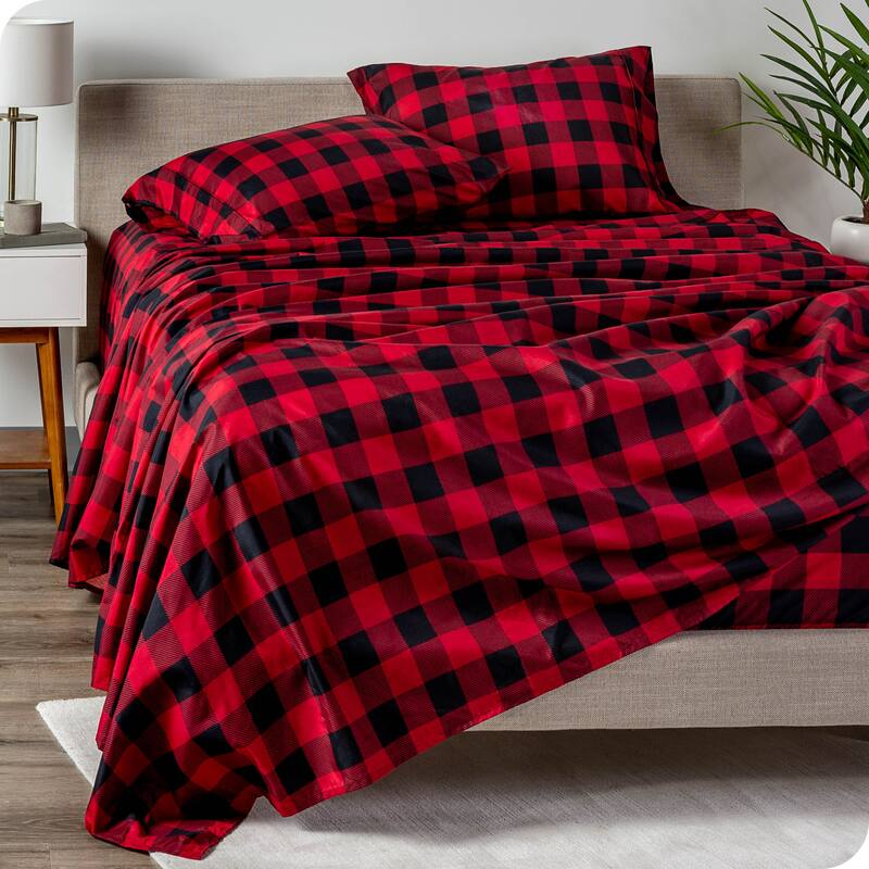 Bare Home Double Brushed Deep Pocket Printed Sheet Set - Queen - Buffalo Plaid - Red/Black