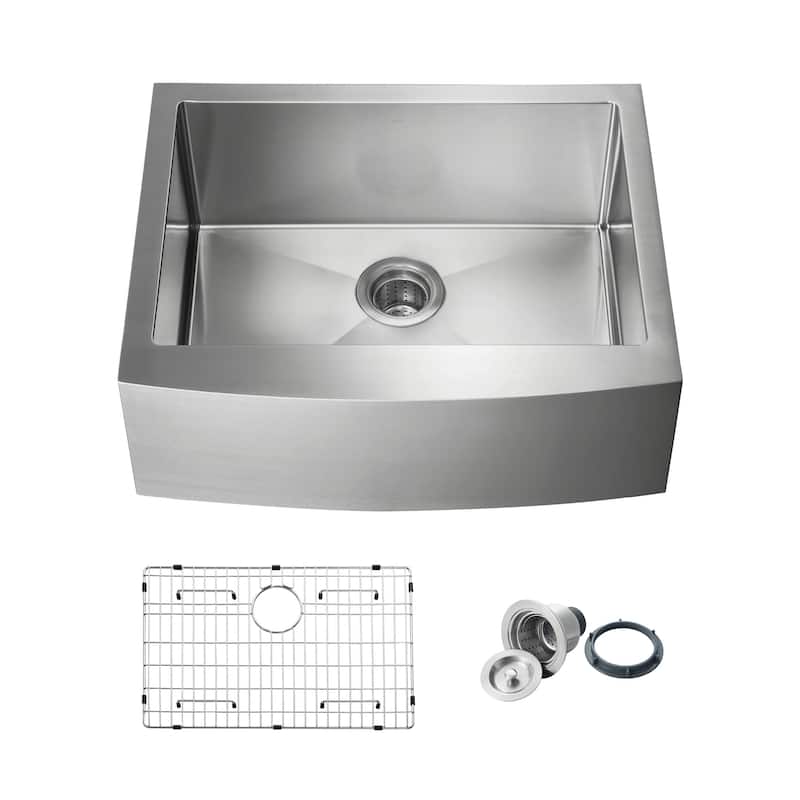 Handcrafted Farmhouse Apron Single Bowl Real 16 gauge Stainless Steel Kitchen Sink with Strainer and Grid - 27Inch