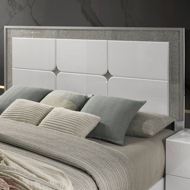 Luxurious LED Silver Rhinestone Trim on Headboard & Beveled Bed Platform Bed