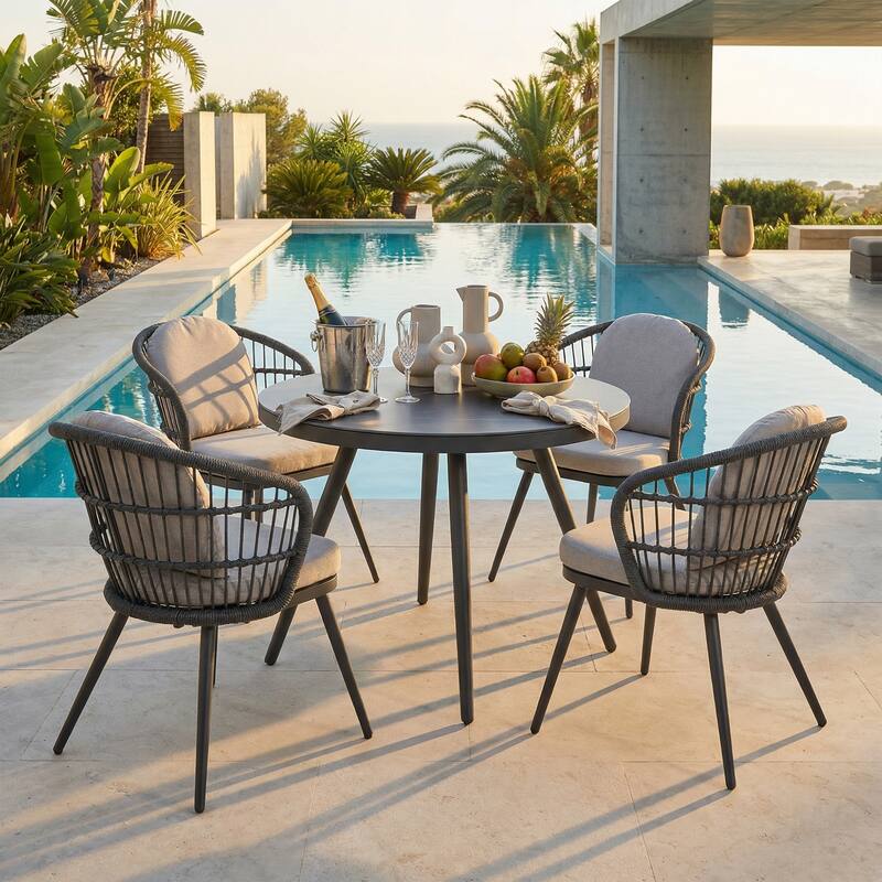 Piece Rope-Woven Aluminum Outdoor Dining Set with Ceramic Tabletop Round Table