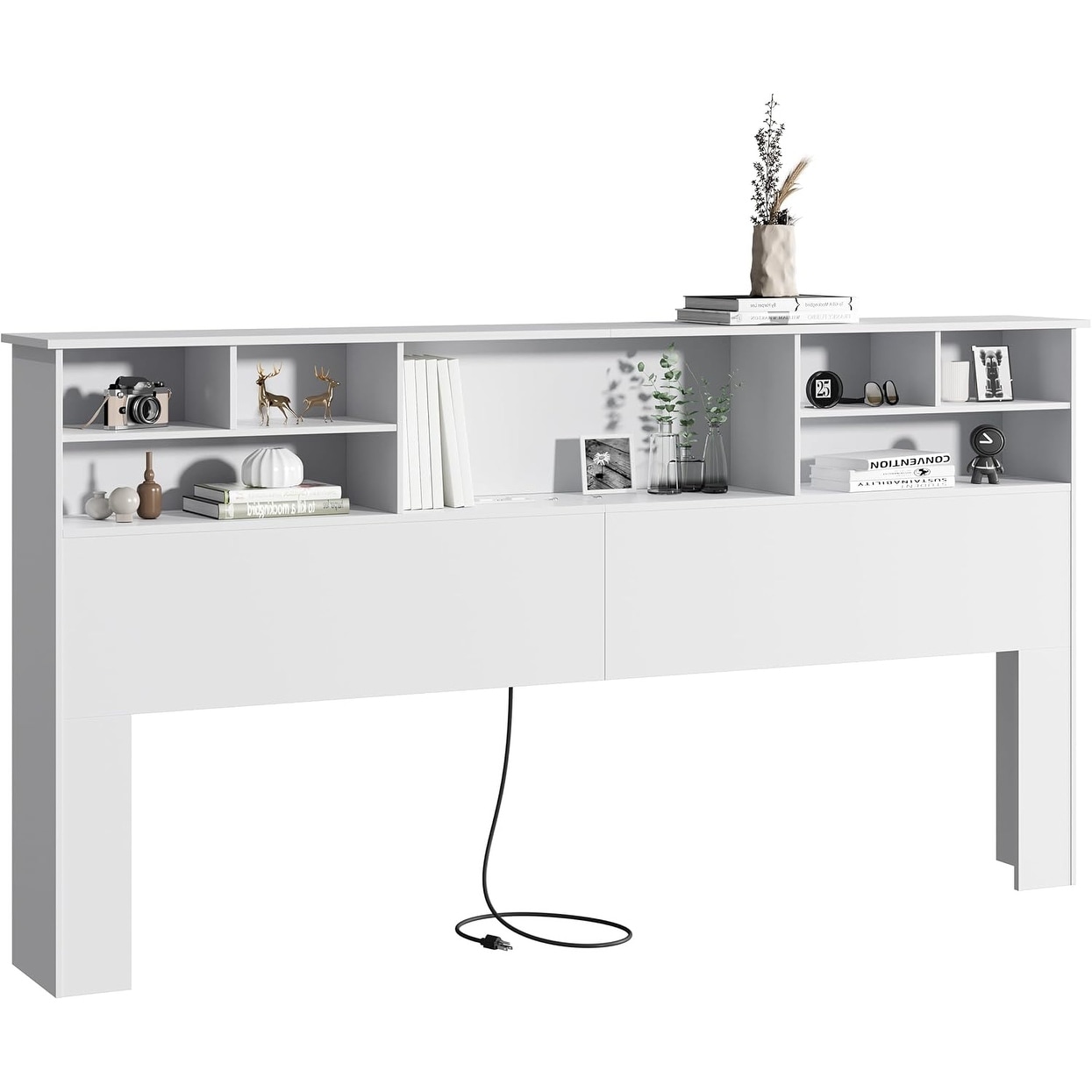 King Size Bookcase Headboard with Storage, Built-in Charging Station & LED Lights, Engineered Wood Design