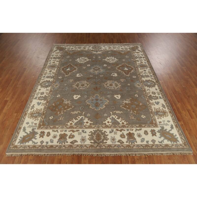 Gray Oushak Indian Area Rug Handmade Floral Transitional Wool Carpet - 7'11" x 10'1"