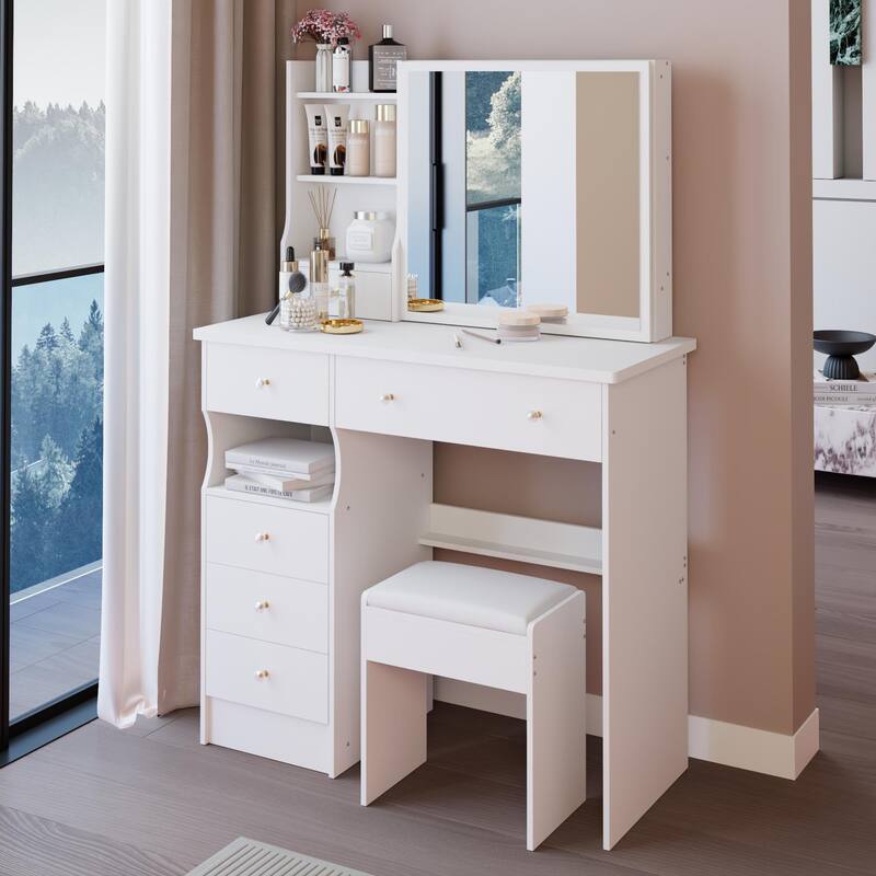 37" Middle Size Left Drawer Vanity Table + Cushioned Stool, Extra Large Right Sliding Mirror, Multi Layer High Capacity Storage