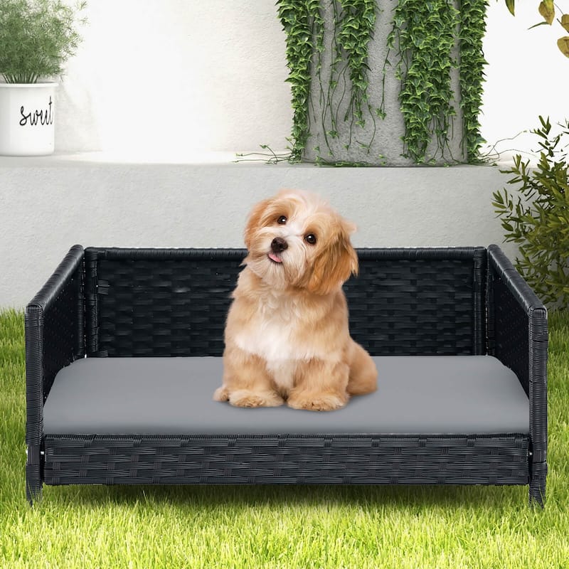 Gymax Rattan Dog Bed w/ Waterproof Soft Cushion Metal Frame for Medium