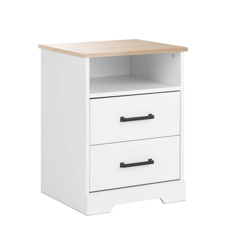 Prepac Rustic Ridge Farmhouse Nightstand Bedside Table, Nightstand for Bedroom, End Table with 2 Drawers and Open Shelf - White & Oak