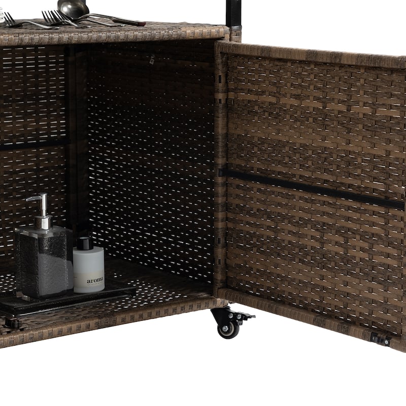 Outdoor Patio Wicker Bar Cart with Storage Cabinet and Glass Top, Rolling Rattan Beverage Bar Table w/360掳 Wheels & Open Shelve