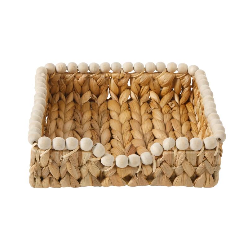Gibson Home Woven Decorative Napkin Holder Tray - Natural Water Hyacinth Square Basket with Wood-Bead Trim
