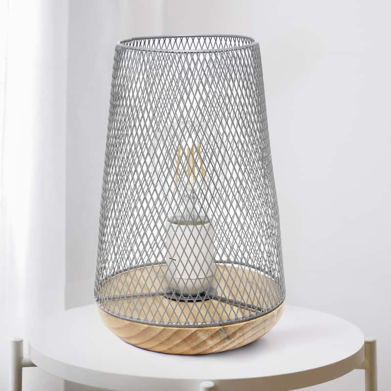 Metal Open Cage Mesh Table Lamp with Pine Wood Base - 6 x 6 x 9 in. (L x W x H)