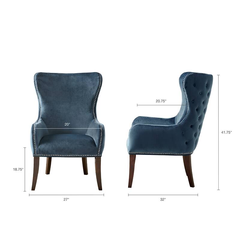 Roomfitters Wingback Accent Chair with Button Tufted Back, Upholstered Lounge Chair with Nailhead Trim and Solid Wood Legs, Blue