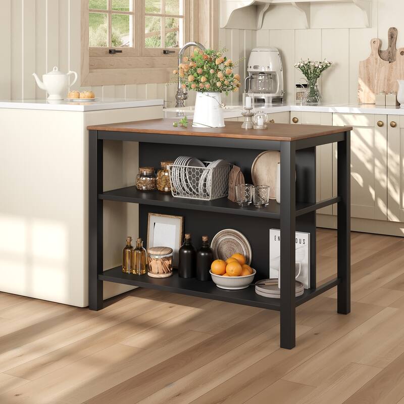 3-Piece Farmhouse Style Kitchen Island Set with Spacious Tabletop, Storage Shelves, and Two Comfortable Stools