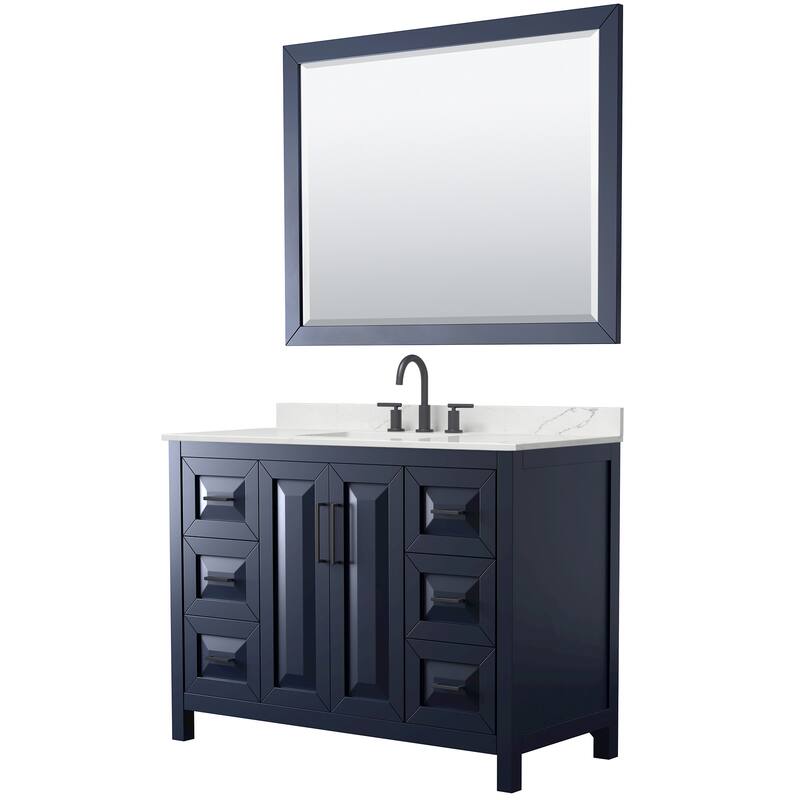 Daria 48-inch Single Vanity, 3 Hole Quartz Top, 46-inch Mirror - Dark Blue, Black Trim, Giotto Quartz Top