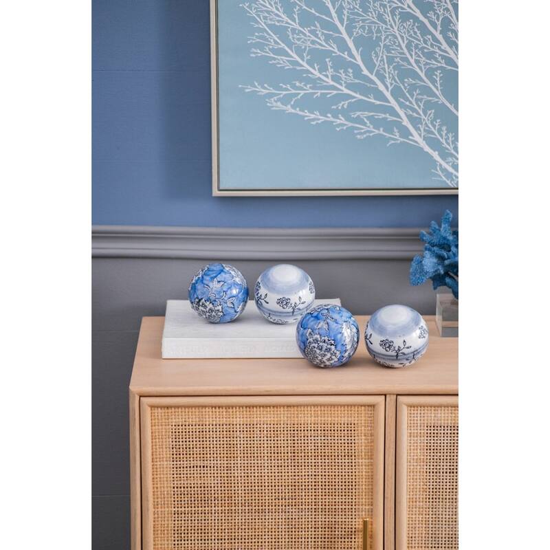 Floral Porcelain Orbs - 4" - Blue and White - Set of 4