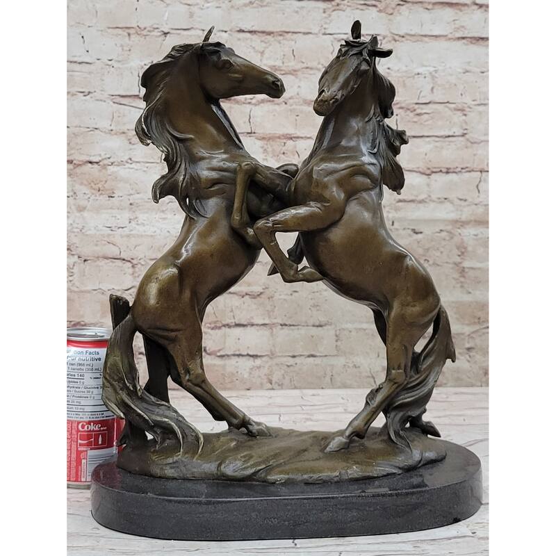 Dueling Stallion Imitative Horses Hot Cast Bronze Sculpture Statue Decor Original Art On Marble Base
