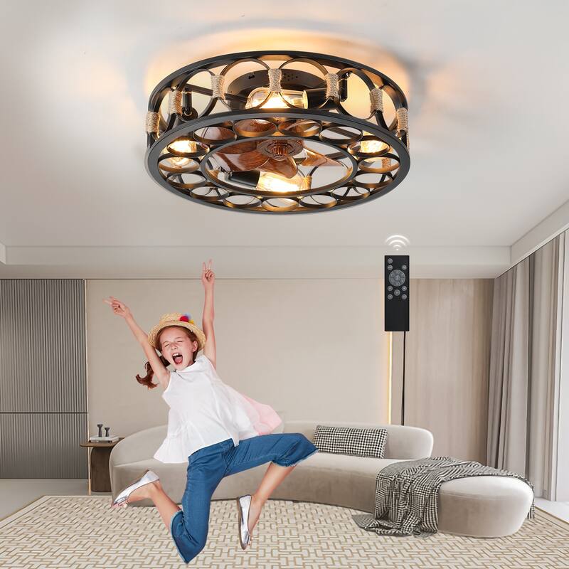 Caged Black Ceiling Fan with Lights Remote Control, Flush Mount 6 Speeds Reversible Ceiling Fan, LED Bulbs Include - 20 Inch