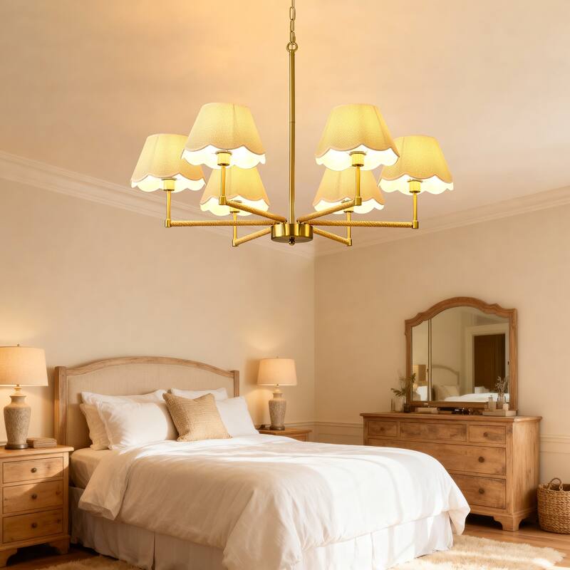 6-Light Rope + Fabric shade Chandelier,Gold Chandelier,Romantic Golden,Adjustable Pendant Lights Project Lighting - Gold - Gold