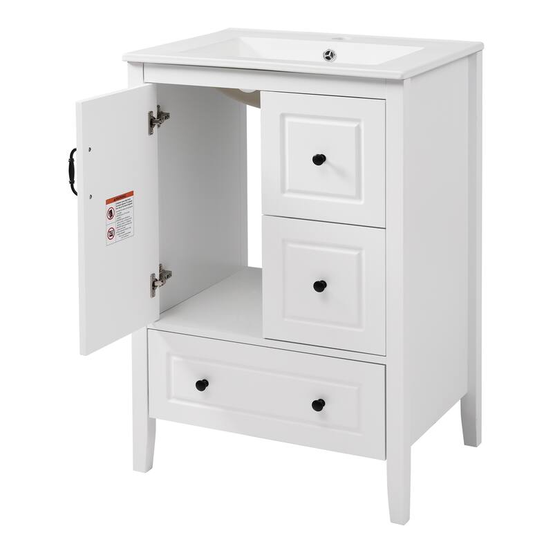 24 Inch Bathroom Vanity With Sink, One Cabinet With Soft-Closing Door, 3 Soft-Closing Drawers, Retro Metal Handles