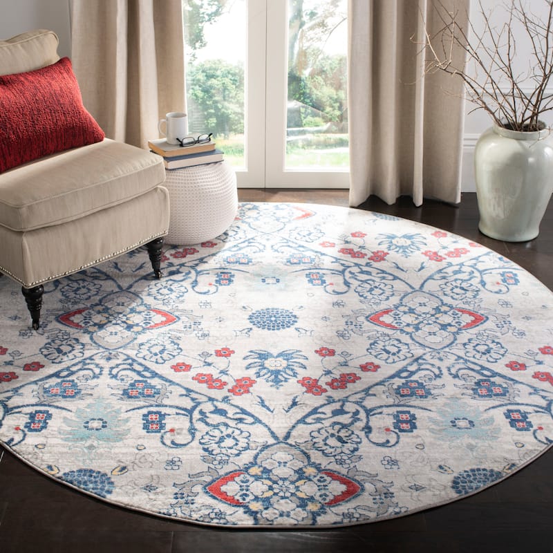 SAFAVIEH, Brentwood Alvara Traditional Oriental Rug - 6'7" Round - Navy/Grey