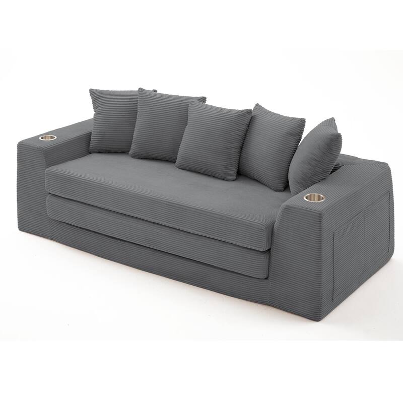 Modern Convertible Loveseat Sofa Bed, Corduroy Fabric Foldable Floor Couch w/5 Pillows, Side Pockets & Cup Holders, No Assembly