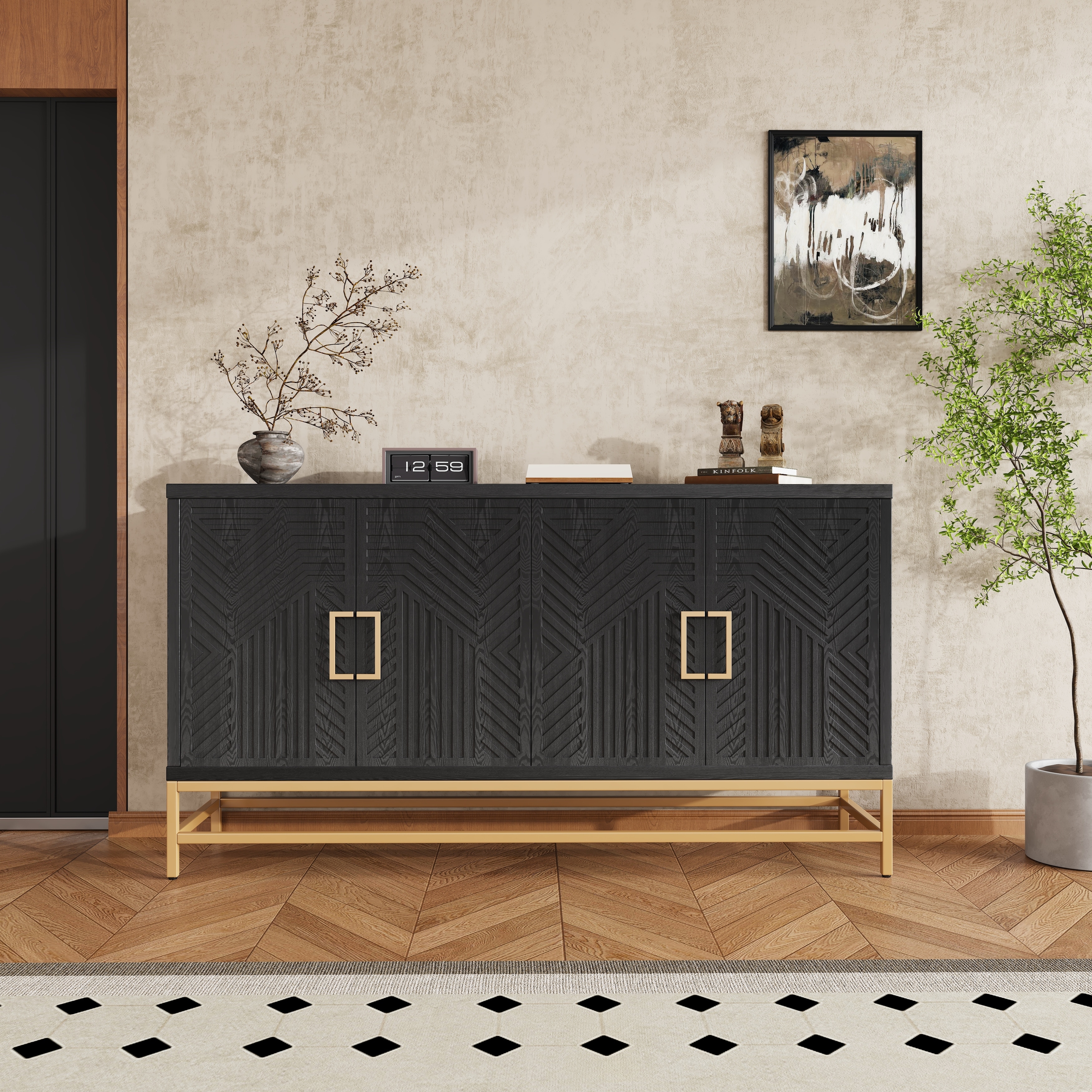 Retro Style Sideboard with Adjustable Shelves, Rectangular Metal Handles and Legs for Kitchen, Living room, and Dining Room