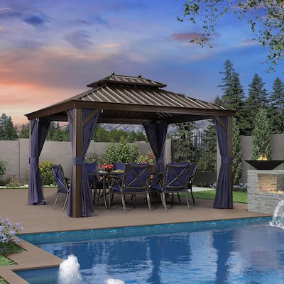 PURPLE LEAF Outdoor Hardtop Gazebo For Patio Bronze Aluminum Frame Pavilion With Navy-Blue Curtain
