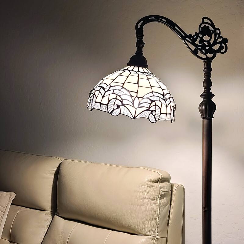 Tiffany Style Floor Lamp Arched 62" Tall Stained Glass White Mahogany Bedroom Living Room Reading Gift Amora Lighting