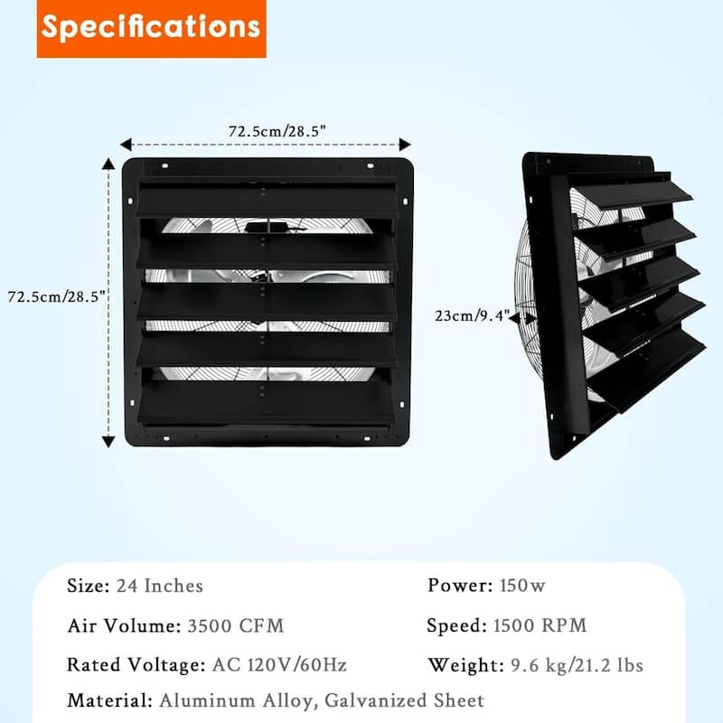 Wall Mounted Automatic Shutter Exhaust Fan, Low Noise for Attic, Garage, Greenhouses