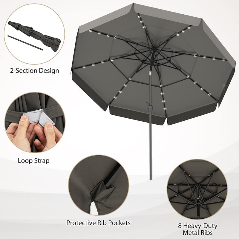 10FT Polyester Patio Umbrella with Solar Lights and Tilt Crank 3-Tier Vented Shade for Backyard