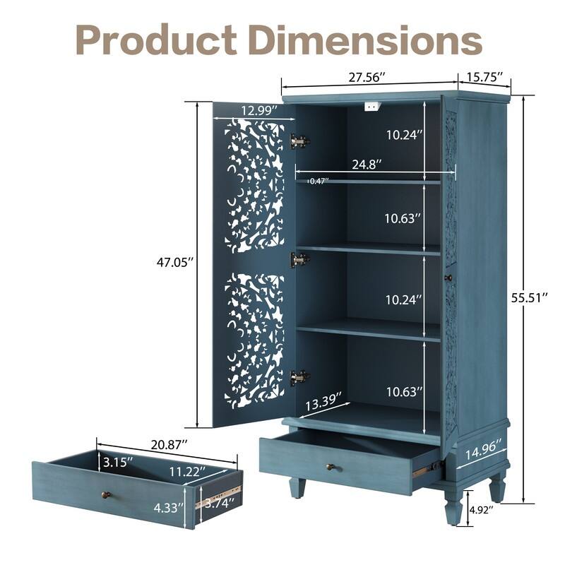 Rustic 55" Tall Storage Cabinet with Drawer, Decorative Carved Wood Accent for Living Room or Dining Area