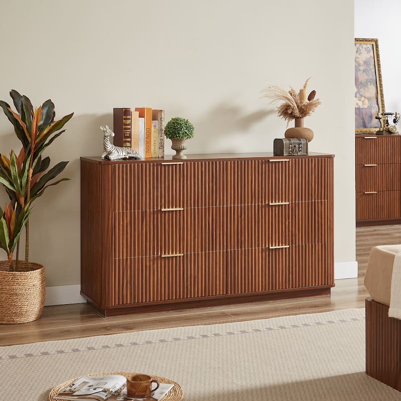 Fluted Dresser with 6 Drawers, Curved Wooden Storage Dressers TV Stand, Multi-functional Closet Clothes Storage Organizer