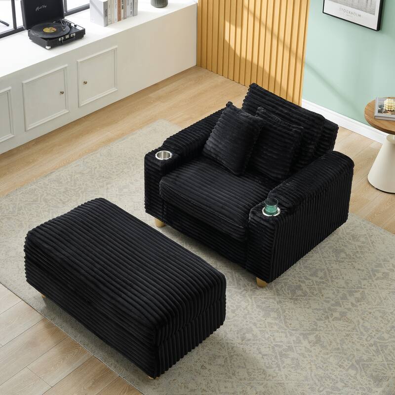 Corduroy Accent Chair & Storage Ottoman Set of 2, Single Sofa Armchair Lounge Chair with Pillows & Cup Holders - Black