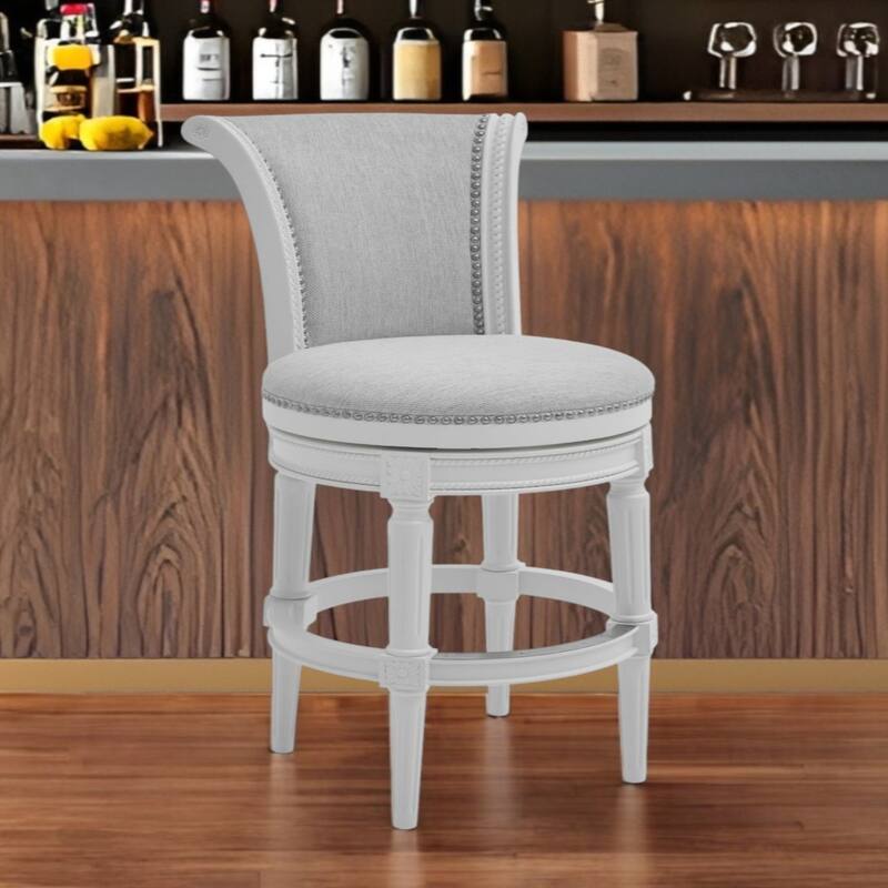 White Wood Frame Swivel Bar Chair with Linen Seat and Footrest