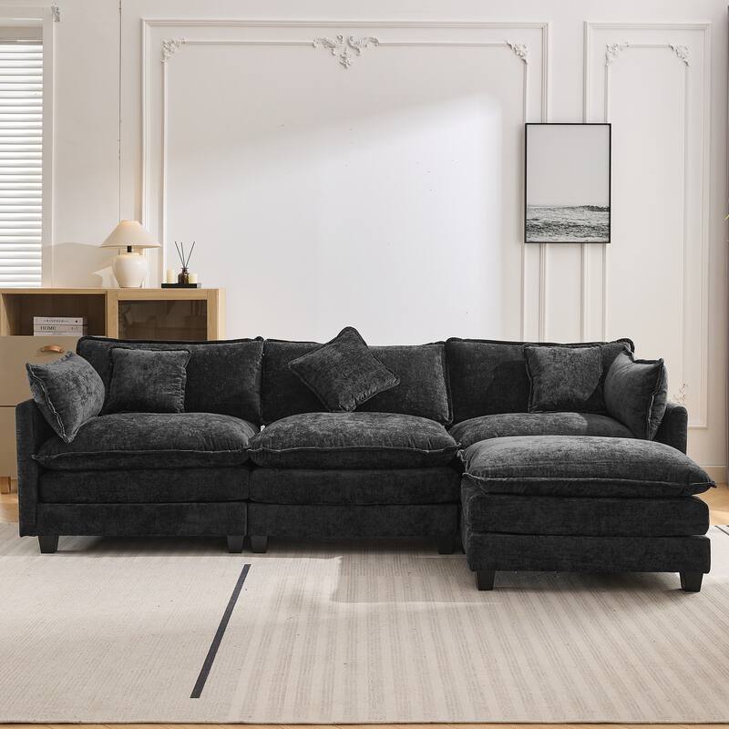 112.2" Modern L-Shaped 4-Seat Sectional Sofa with Removable Ottoman, 5 Plush Pillows, and Sturdy Construction