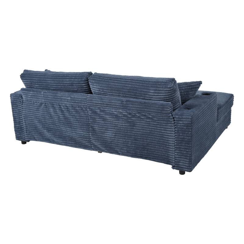86.5" Corduroy Chaise Lounge Sofa Bed with USB & Cup Holders