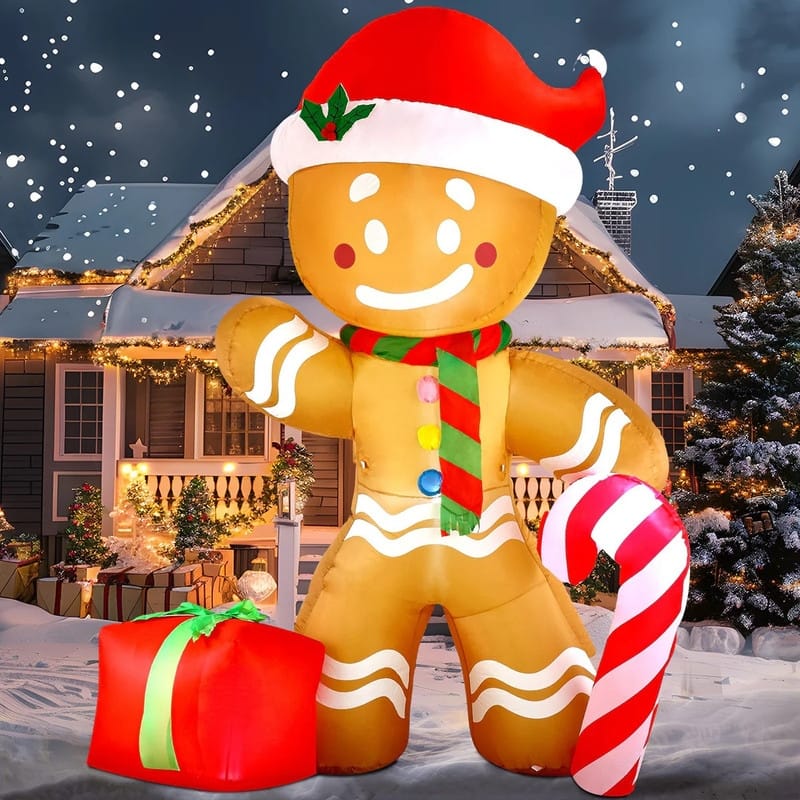 Joyfy 8ft Christmas Inflatable Gingerbread Man with Candy Cane, LED-lit