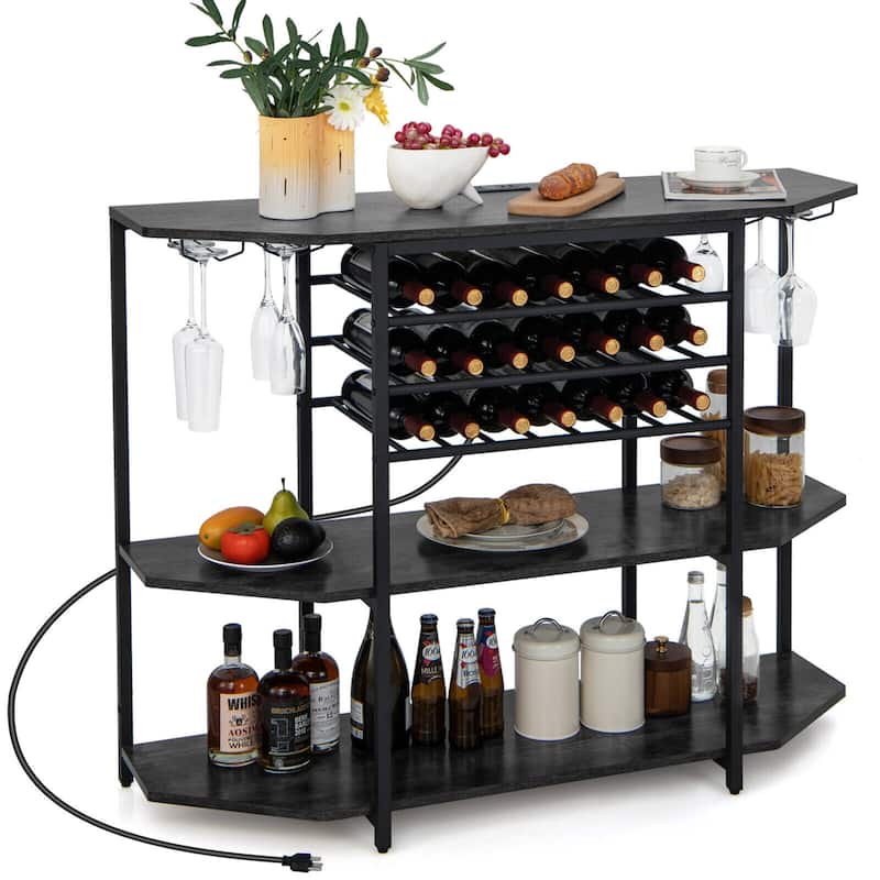 Gymax 3 Tier Wine Bar Cabinet with Storage Shelves Glass Holders - Grey
