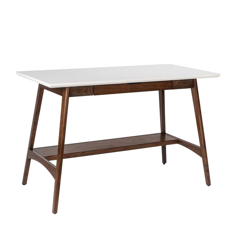Roomfitters 48-Inch Mid-Century Modern Desk, Off-White Top with Pecan Wood Base and Storage Drawer