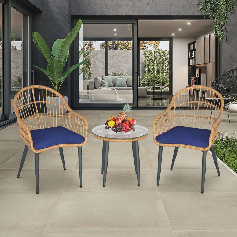3 Pieces Bistro Set Outdoor Conversation Sets with Glass Top Table and Cushions for Porch,Backyard, Balcony,Poolside - Blue