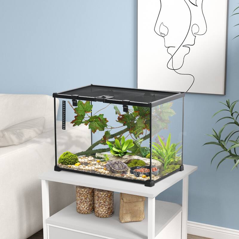 PawHut 14 Gallon Glass Reptile Enclosure with Decor Kit, Crested Gecko Tank, Full View Terrarium Tank