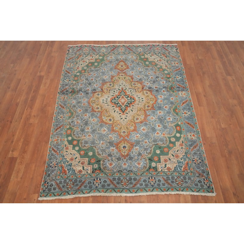 Hand Knotted Oriental 100% Wool Carpet Traditional Floral Navy Blue & Blues Tabriz Area Rug - 6' 1'' X 4' 7''
