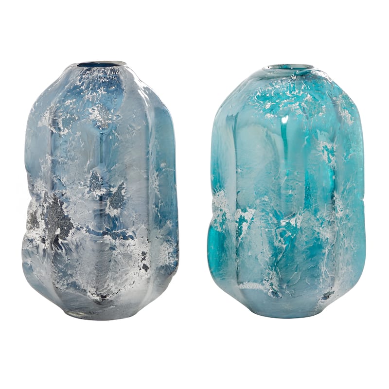 Glass Handmade Blown Vase - Set of 2 Blue - Roche River Decor - 6"W x 6"L x 12"H