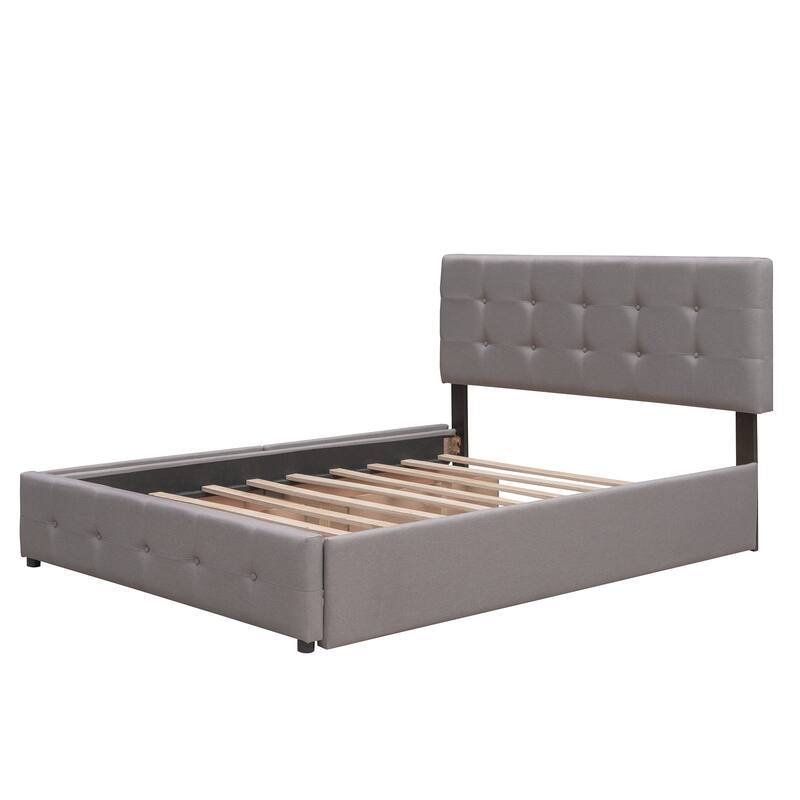 Queen Size Upholstered Platform Bed with 2 Drawers and Twin XL Trundle, Linen Fabric, Light Gray