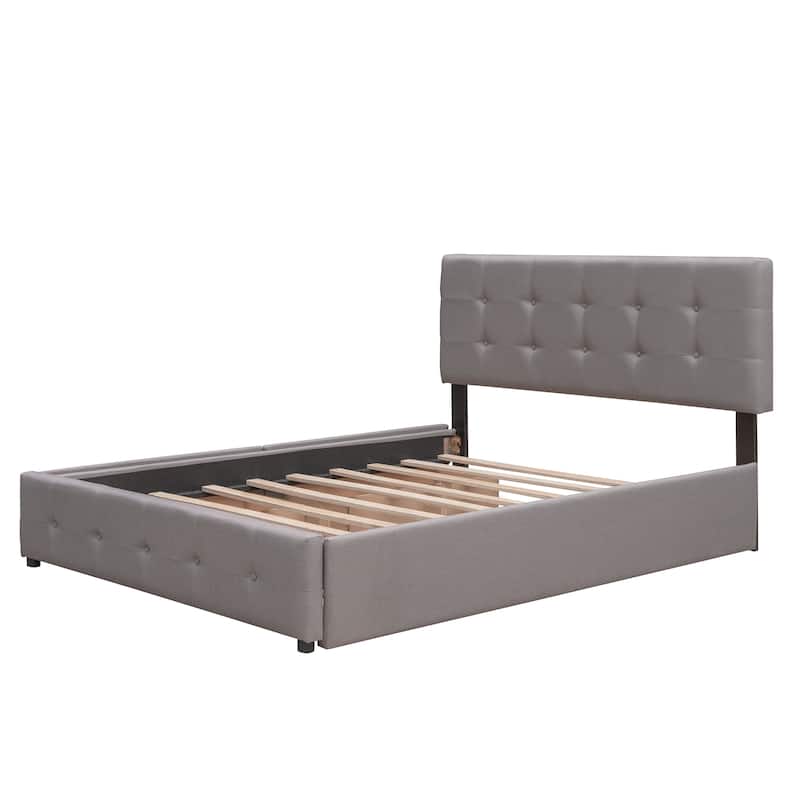 Upholstered Platform Bed with 2 Drawers and 1 Twin XL Trundle, Linen Fabric, Queen Size