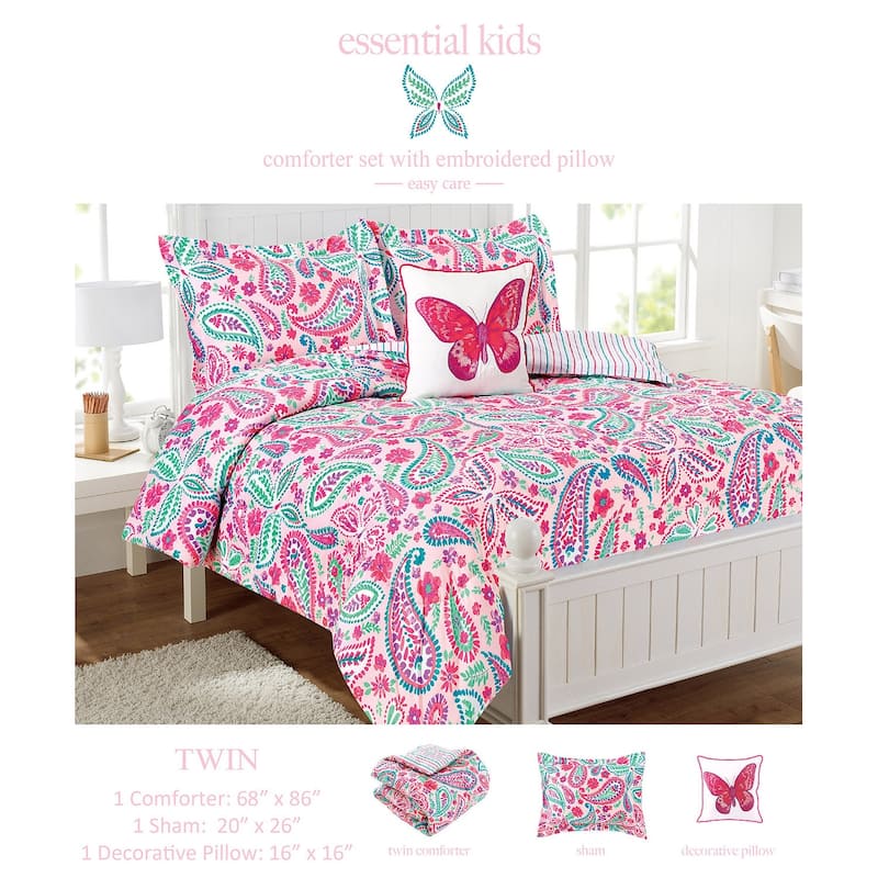 Watercolor Flutter Pink Floral Comforter Set With Butterfly Throw Pillow